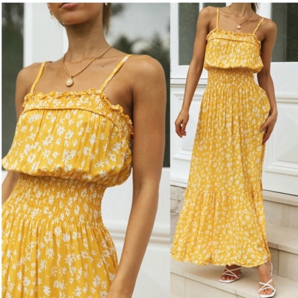 Boho yellow floral smocked ruffle cami maxi dress - Picture 6 of 8